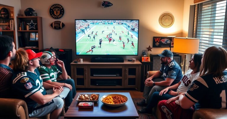 A cozy living room scene with a large flat-screen TV displaying an NFL game, surrounded by enthusiastic fans in team jerseys. The room is adorned with football memorabilia, snacks on the coffee table, and a warm glow from a nearby lamp, creating an inviting atmosphere filled with excitement and camaraderie.