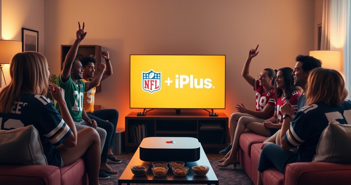 A cozy living room setting with a sleek Apple TV displaying the NFL Plus logo on a vibrant screen. Plush couches surround a coffee table filled with snacks, while excited fans in colorful jerseys cheer, illuminated by the warm glow of the television, creating an inviting atmosphere of anticipation and camaraderie.