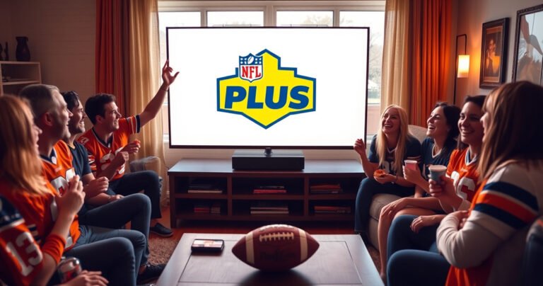 A cozy living room scene with a large flat-screen TV displaying an NFL Plus logo, surrounded by excited fans wearing jerseys and holding snacks. Bright team colors fill the room, and a football rests on the coffee table. Warm lighting creates an inviting atmosphere, with a glimpse of a window showing a football game outside.