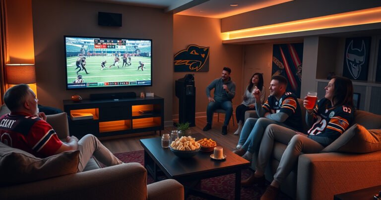 A cozy living room scene with a large flat-screen TV displaying an NFL+ Premium game, plush couches adorned with team jerseys, snacks like popcorn and nachos on a coffee table, dim lighting creating an inviting atmosphere, excited fans cheering with drinks in hand, and a football-themed decor enhancing the spirited ambiance of game day.