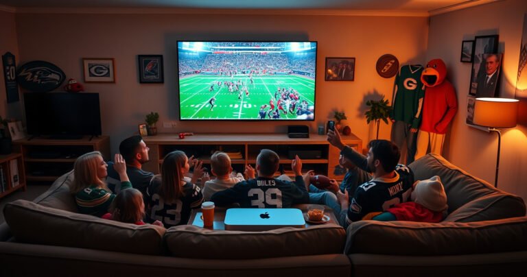 A cozy living room bathed in warm light, featuring a sleek Apple TV displaying an intense NFL game. A family of excited fans, wearing jerseys and surrounded by snacks, cheer together on a plush couch. The atmosphere is electric, with football memorabilia and a large screen showcasing colorful team graphics.