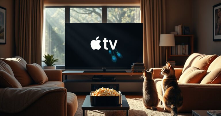 A cozy living room with a sleek Apple TV displaying the Peacock logo on a large screen, surrounded by plush sofas and a coffee table with popcorn. Sunlight streams through a window, illuminating a stack of streaming devices and a curious cat watching intently, embodying the ultimate streaming experience.