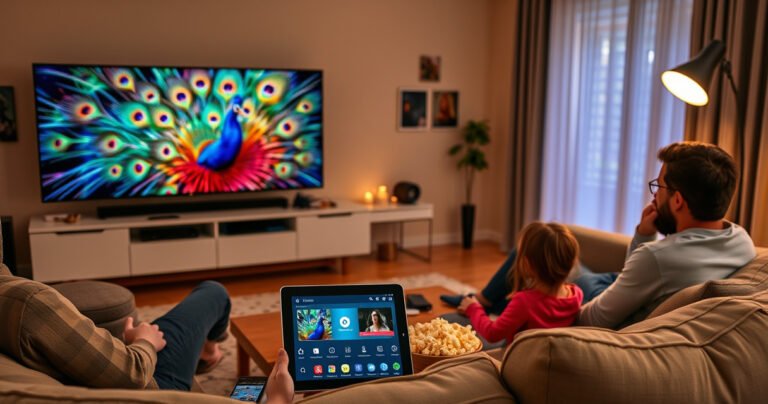 A cozy living room scene with a modern TV displaying vibrant peacock feathers, a family gathered on a comfortable couch with popcorn, a tablet showing the Peacock app, warm lighting, and tech gadgets scattered around, evoking a sense of excitement and ease in setting up streaming services.