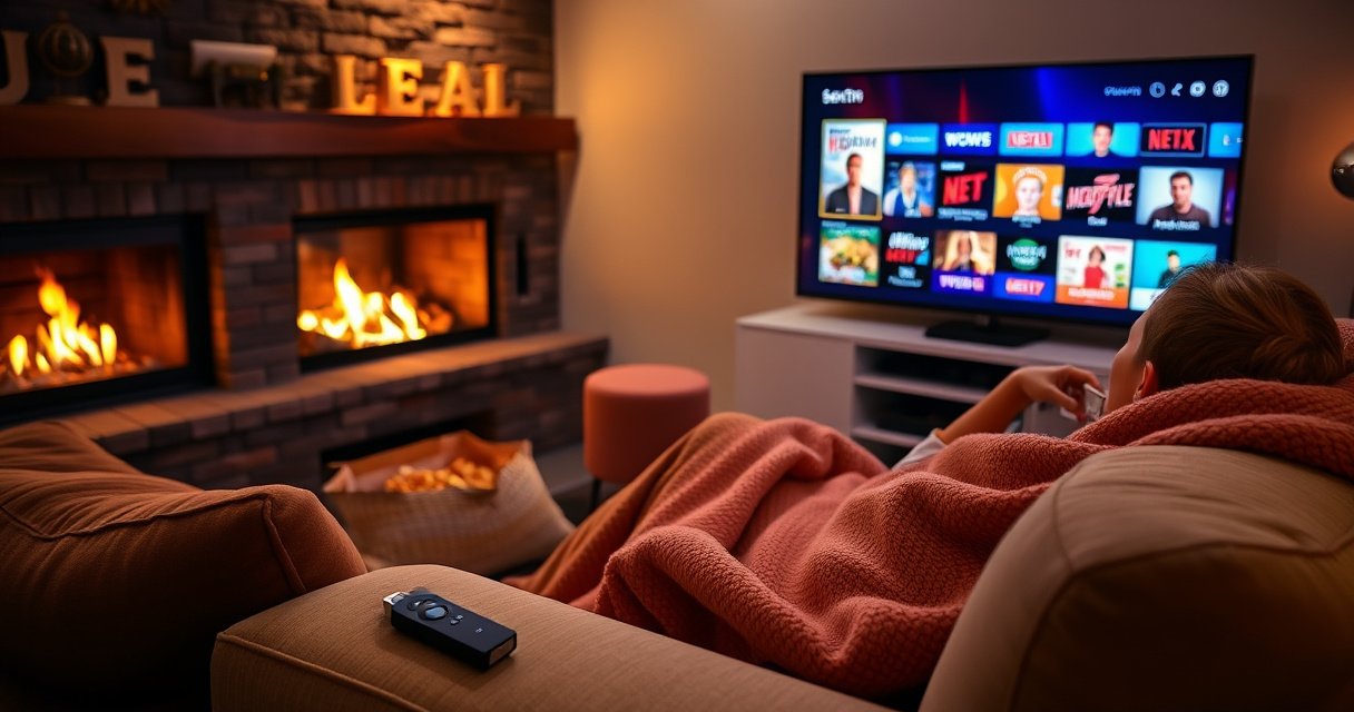 A cozy living room scene with a plush sofa, a glowing fireplace, and a sleek TV displaying vibrant streaming icons. A Fire Stick remote rests on the armrest, while a warm blanket drapes over a person happily watching a show, surrounded by snacks and dimmed lights, creating an inviting atmosphere for entertainment.