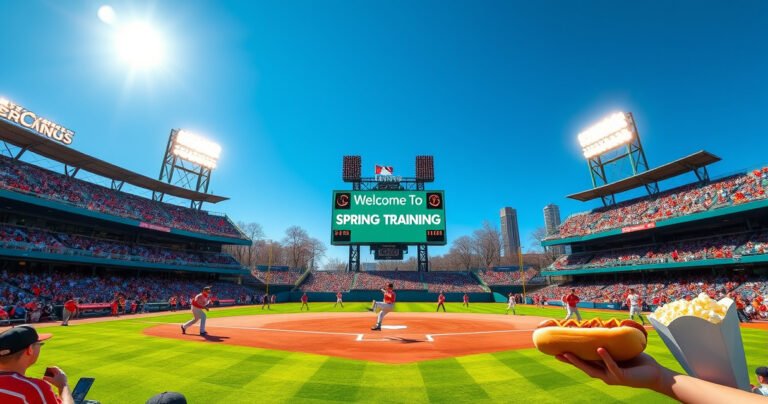 A vibrant spring baseball scene featuring a sunlit stadium filled with enthusiastic fans, players warming up on the field, lush green grass, blossoming trees in the background, and a digital scoreboard displaying "Welcome to Spring Training!" A cheerful atmosphere with hotdogs and popcorn in hand, capturing the excitement of the upcoming baseball season.