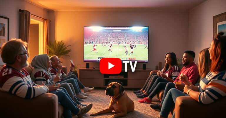 A cozy living room bathed in warm light, with a large flat-screen TV displaying a vibrant football game. Enthusiastic fans of diverse backgrounds gather around, wearing team jerseys, snacks in hand, and a dog lounging at their feet. The atmosphere buzzes with excitement, echoing cheers, while a glowing YouTube TV logo subtly enhances the scene.