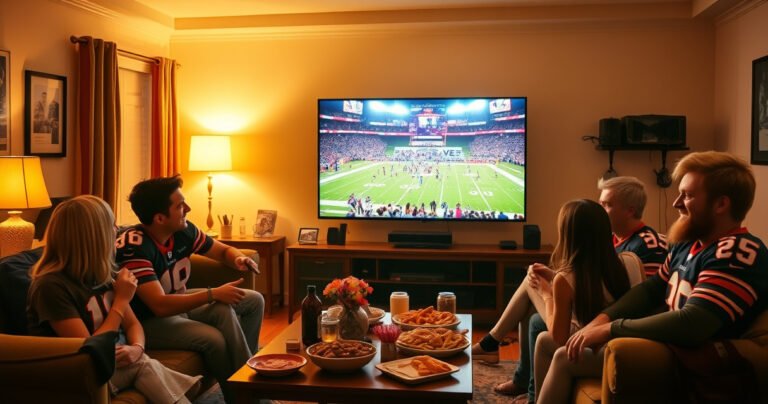 A cozy living room scene with a large Samsung TV displaying a vibrant Super Bowl game, surrounded by excited friends in team jerseys, snacks scattered on the table, and colorful decorations. Warm lighting creates an inviting atmosphere, while the glow of the TV casts a lively ambiance, capturing the essence of a game-day celebration.