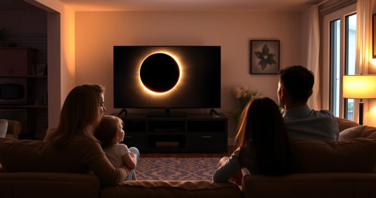 A captivated family gathered in a cozy living room, eyes glued to a vibrant TV screen displaying a solar eclipse, while outside, the sky darkens and the sun transforms into a glowing crescent. Soft shadows dance across the room, and a sense of wonder fills the air, contrasting the comforting warmth of home against the cosmic event.