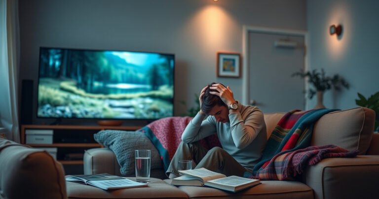 A cozy living room with soft, dim lighting, a plush couch adorned with colorful blankets, and a large TV screen displaying soothing nature scenes. A worried person sits on the couch, cradling their head, surrounded by a few medical guides and a glass of water, conveying the struggle of balancing comfort and recovery.