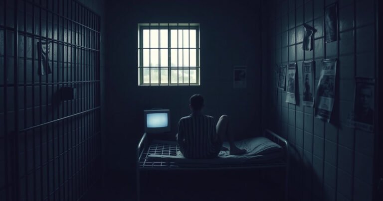A stark jail cell with a barred window, dim light filtering through, a small television flickering in the corner, shadows dancing on the walls. A solitary inmate sits on a metal bunk, staring intently at the screen, surrounded by faded posters and a worn-out mattress, evoking a sense of confinement and curiosity.