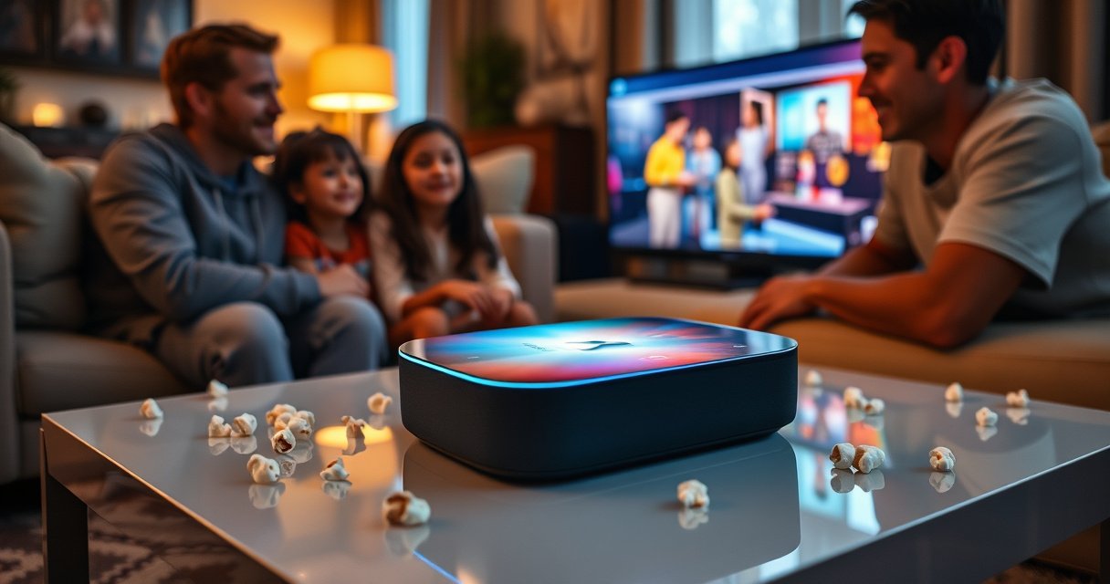 A cozy living room scene featuring a modern Echo Show on a sleek coffee table, glowing softly. A family gathers around, faces illuminated by the screen, with popcorn scattered around. Bright, colorful TV show graphics reflect off the glass surface, while warm light filters through window curtains, creating an inviting atmosphere for entertainment.