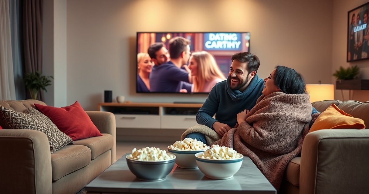 A cozy living room scene, with a plush sofa adorned with colorful cushions, a large screen showing a romantic scene from a dating show, popcorn bowls on a coffee table, soft lighting creating an intimate atmosphere, and a couple laughing together, wrapped in a warm blanket, eagerly discussing the latest episode of their favorite reality show.