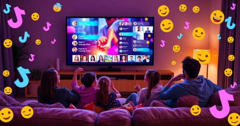 A cozy living room scene with a large, modern TV displaying a vibrant TikTok Live stream, colorful comments floating across the screen. A family of four, excitedly gathered on a plush couch, snacks scattered around, illuminated by the soft glow of the TV. Bright, playful TikTok icons and emojis fill the background, capturing the lively atmosphere.