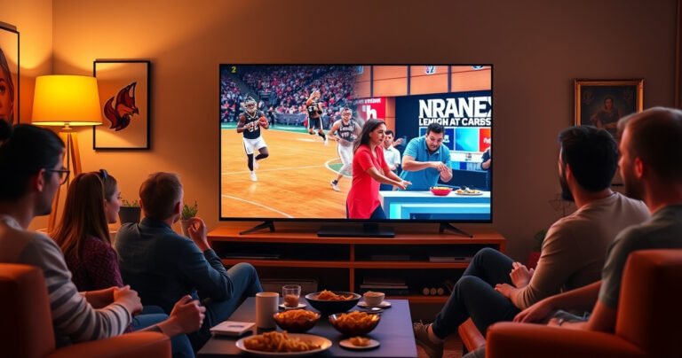 A cozy living room with a large TV screen split into two vibrant scenes, one showcasing a thrilling sports game and the other a lively cooking show. A family of four, each enthralled by their chosen channel, snacks scattered around, warm light from a lamp creating an inviting atmosphere, emphasizing the dual viewing experience.