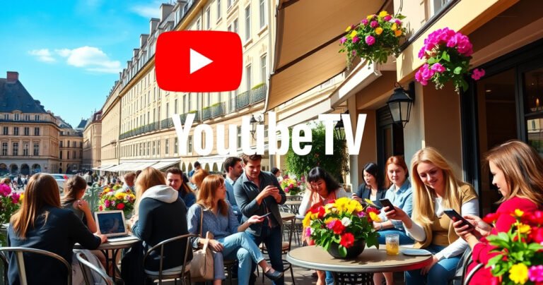 A serene European landscape featuring a cozy café terrace adorned with colorful flowers, where diverse travelers are gathered, each engaging with smartphones and tablets. In the background, iconic European architecture and a clear blue sky hint at a leisurely afternoon, while a subtle overlay of the YouTube TV logo blends with the vibrant scene.