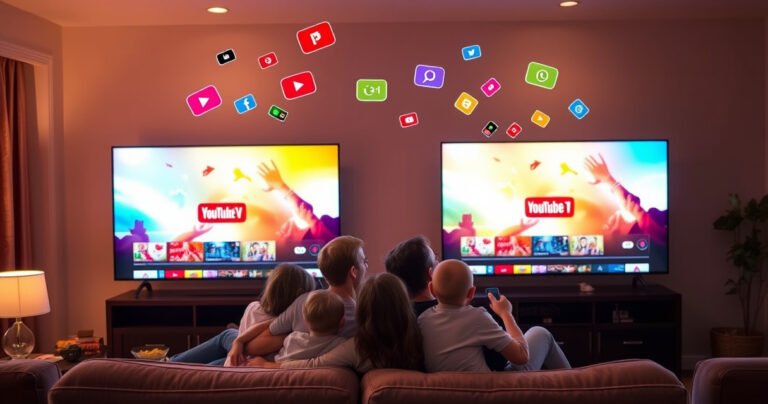 A cozy living room featuring two TVs side by side, each displaying vibrant scenes from YouTube TV. A family gathered on a plush sofa, snacks scattered around, excitement in the air. Warm lighting enhances the inviting atmosphere, while colorful streaming icons float above the screens, symbolizing the joy of shared viewing experiences.