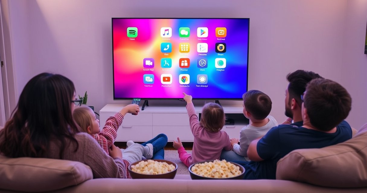 A cozy living room with a large smart TV displaying a vibrant smartphone screen, showing colorful app icons. A family gathers on a plush sofa, excitedly pointing at the screen. Soft lighting creates a warm atmosphere, while a bowl of popcorn and a remote control add to the inviting scene of modern technology connecting loved ones.