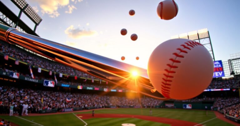 A vibrant baseball stadium under a golden sunset, filled with cheering fans waving colorful banners. A close-up of a gleaming baseball bat poised above a home plate, with a dynamic blur of baseballs soaring through the air. In the background, digital screens flash MLB TV logos, capturing the excitement of the Home Run Derby atmosphere.
