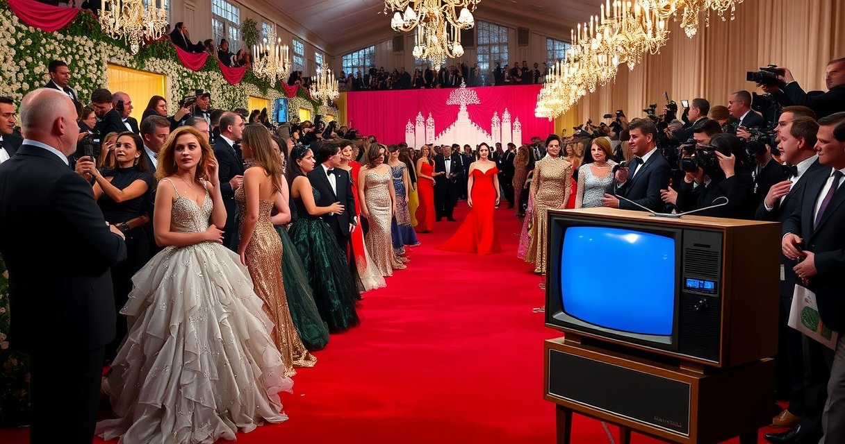 A glamorous red carpet scene at the Met Gala, showcasing an array of dazzling celebrities in extravagant outfits, elegant gowns, and bold fashion statements. A backdrop of shimmering lights and opulent decorations sets the atmosphere, while fans and reporters capture the excitement, with a vintage television set in the foreground displaying the live coverage.