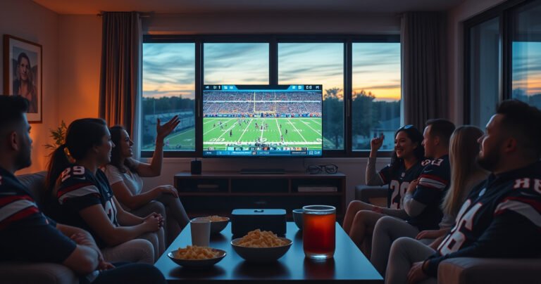 A cozy living room scene with a glowing Apple TV screen displaying an NFL game, surrounded by excited fans wearing jerseys, popcorn bowls, and drinks on a coffee table, dim lighting creating an inviting atmosphere, large window revealing a sunset, hinting at a perfect game night experience with friends and family.