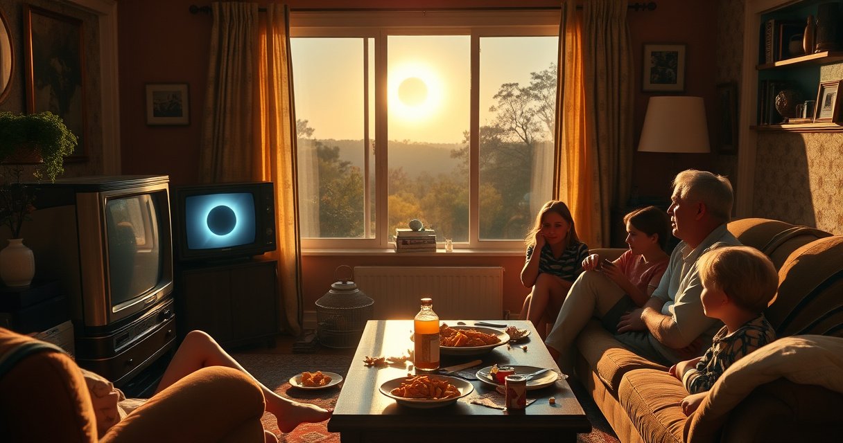 A cozy living room bathed in warm afternoon light, with a family gathered around a vintage TV, eyes wide with excitement. Outside the window, a picturesque view of a solar eclipse, the moon partially covering the sun, casting a magical glow. Snacks scattered on the table, and the atmosphere filled with wonder and anticipation.