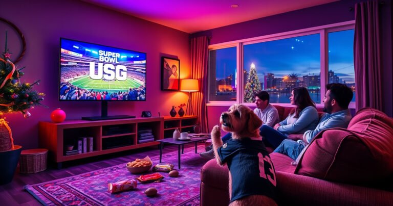 A vibrant living room scene with a large TV displaying a colorful Super Bowl game, friends gathered on a cozy couch with snacks scattered around, excitement in the air, and a playful dog wearing a team jersey. Bright decorations reflect the spirit of football, while a window shows a festive evening sky with stars twinkling.