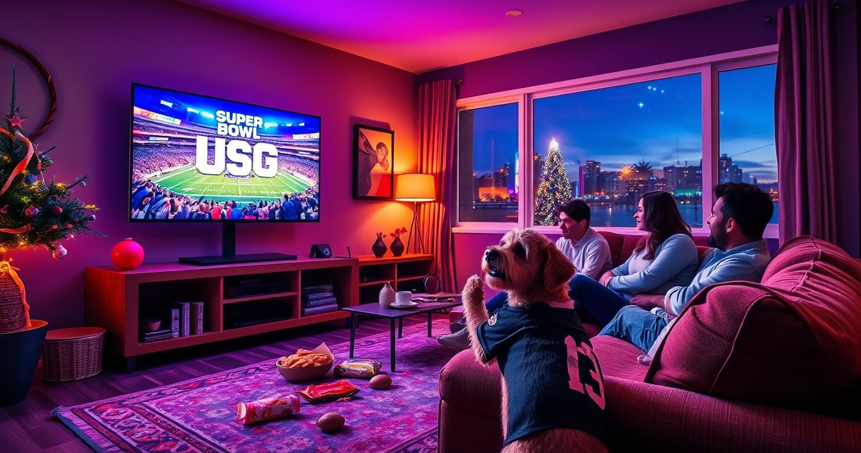 A vibrant living room scene with a large TV displaying a colorful Super Bowl game, friends gathered on a cozy couch with snacks scattered around, excitement in the air, and a playful dog wearing a team jersey. Bright decorations reflect the spirit of football, while a window shows a festive evening sky with stars twinkling.