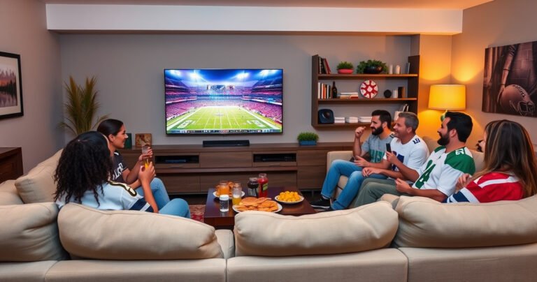 A cozy living room adorned with plush couches, a large Samsung TV displaying a vibrant Super Bowl game scene, friends gathered around with snacks and drinks, colorful football decorations, a warm glow from soft lighting, excitement in the air as they cheer, a mix of team jerseys, creating a festive and inviting atmosphere for the big game.
