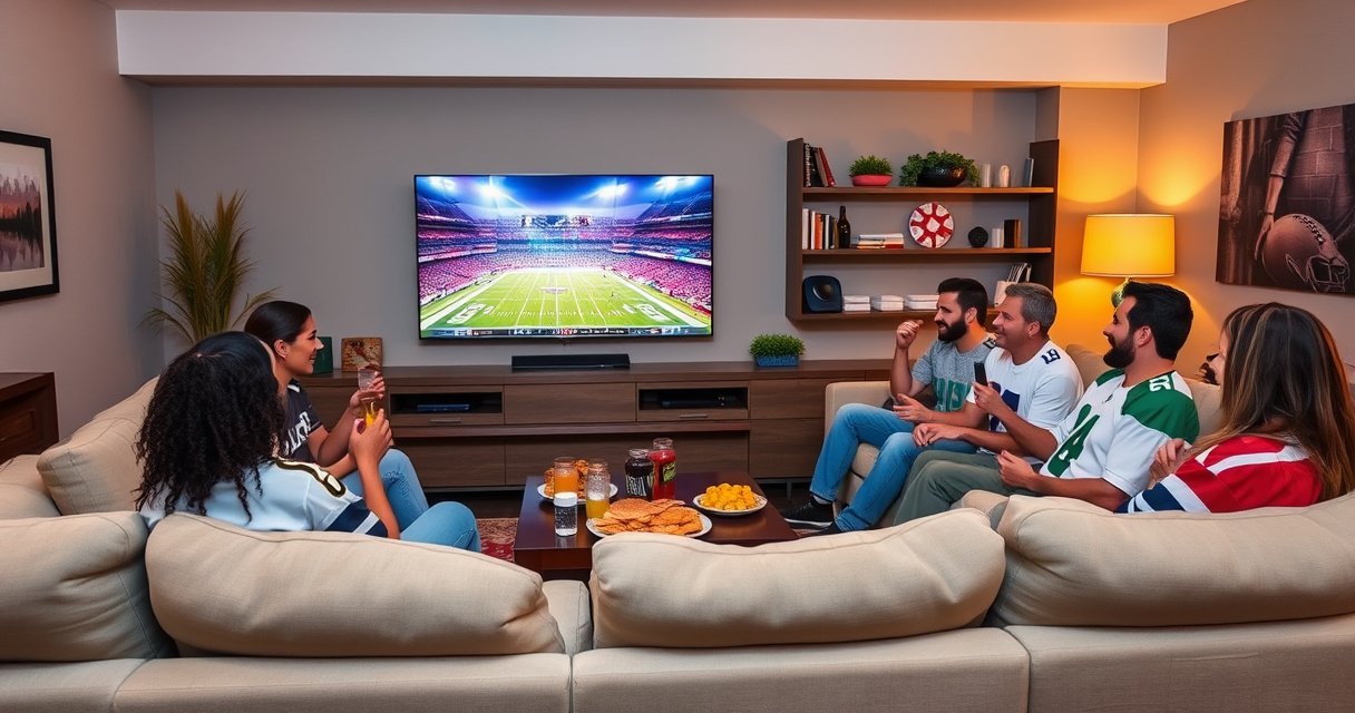 A cozy living room adorned with plush couches, a large Samsung TV displaying a vibrant Super Bowl game scene, friends gathered around with snacks and drinks, colorful football decorations, a warm glow from soft lighting, excitement in the air as they cheer, a mix of team jerseys, creating a festive and inviting atmosphere for the big game.