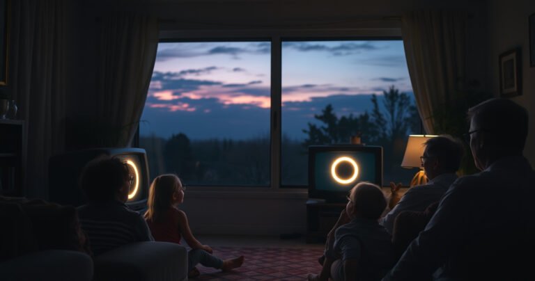 A cozy living room bathed in soft twilight, a family gathered around an old television, faces illuminated by the screen showcasing a spectacular total solar eclipse. Outside the window, a dusky sky with hints of purple and gold, capturing the contrast of nature’s wonder versus the warmth of home, evoking a sense of togetherness and awe.