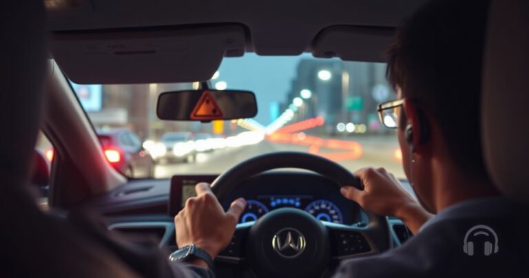 A close-up of a driver in a modern car, one hand on the wheel, the other adjusting wireless earbuds. Bright city lights reflect off the windshield, emphasizing concentration and awareness. A subtle overlay of traffic signs and safety symbols, creating a sense of balance between music enjoyment and road safety.