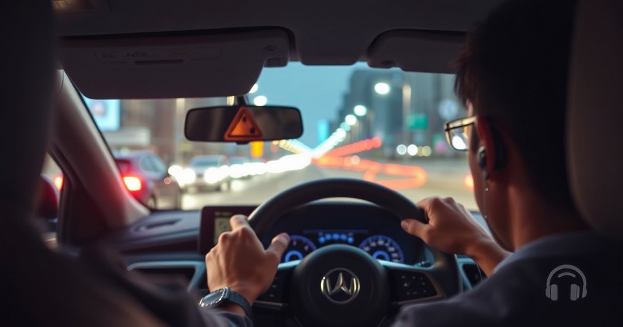 A close-up of a driver in a modern car, one hand on the wheel, the other adjusting wireless earbuds. Bright city lights reflect off the windshield, emphasizing concentration and awareness. A subtle overlay of traffic signs and safety symbols, creating a sense of balance between music enjoyment and road safety.
