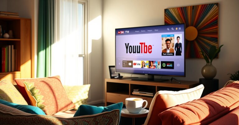 A cozy living room scene with a modern flat-screen TV displaying YouTube TV in picture-in-picture mode. A colorful, inviting sofa adorned with plush cushions, a steaming cup of coffee on a side table, and vibrant wall art in the background. Sunlight streams through a window, casting warm shadows, creating an atmosphere of relaxed entertainment.