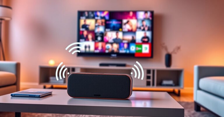 A sleek, modern living room scene featuring a stylish Bluetooth speaker prominently on a coffee table, with a large flat-screen TV displaying vibrant content in the background. Warm ambient lighting creates a cozy atmosphere, while subtle icons of wireless connections and sound waves hover around the speaker, illustrating its compatibility and connectivity with the TV.