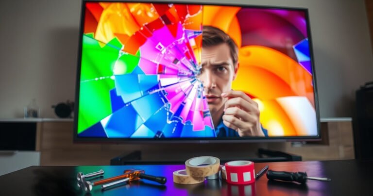 A close-up of a shattered TV screen displaying a vibrant, colorful image partially obscured by cracks. The reflection of a concerned person peering at the screen adds a sense of urgency. Surrounding the TV, scattered tools like screwdrivers and adhesive tape hint at a DIY repair attempt, set against a modern living room backdrop.