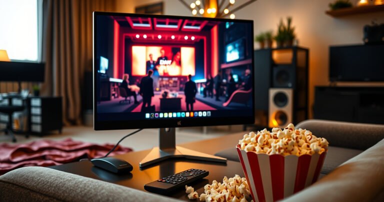 A modern computer monitor displaying a vibrant, high-definition movie scene, surrounded by cozy living room elements like a plush sofa and warm lighting, contrasting with a sleek workstation setup. A remote control lies next to a bowl of popcorn, embodying the seamless blend of work and entertainment in contemporary home life.