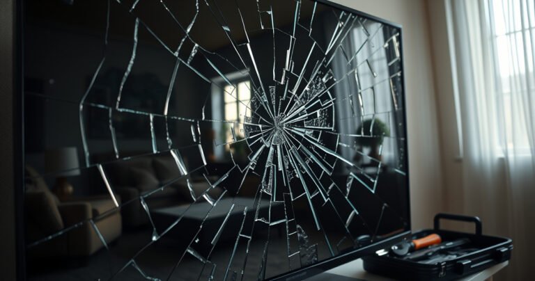 A close-up of a shattered television screen, jagged cracks radiating outward, reflecting distorted images of a cozy living room. Soft light filters through a window, casting gentle shadows, while a toolbox sits nearby, hinting at a repair attempt. The atmosphere conveys a mix of hope and uncertainty, capturing the essence of potential restoration.