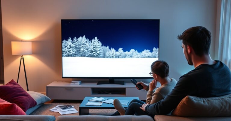 A sleek, modern living room featuring a large flat screen TV displaying a frozen image of a snowy landscape. Nearby, a concerned homeowner examines the remote control, surrounded by scattered troubleshooting guides, vibrant throw pillows, and soft ambient lighting, creating a cozy yet tense atmosphere of tech frustration.