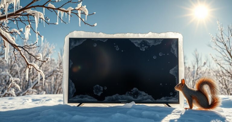 A sleek, modern flat screen TV encased in a crystalline layer of frost, surrounded by a snowy landscape with sharp icicles hanging from branches. The sun shines brightly overhead, casting shimmering reflections on the icy surface, while a curious squirrel examines the TV cautiously, adding a touch of whimsy to the cold, serene environment.