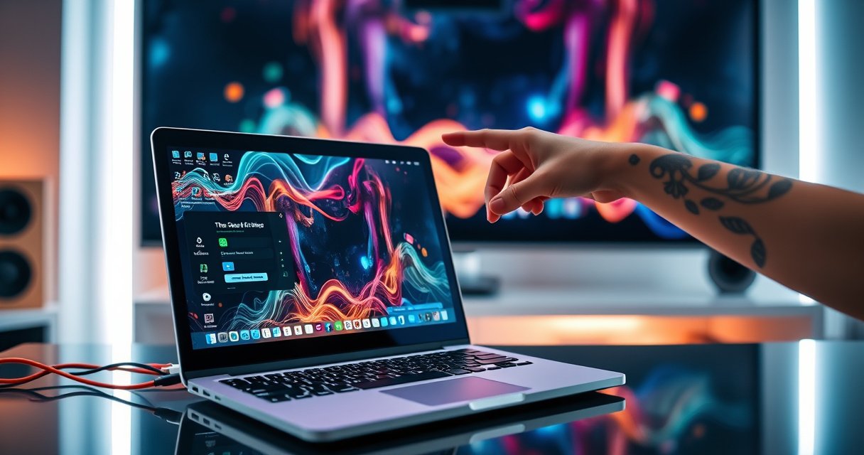 A sleek laptop sits on a modern desk, its screen displaying vibrant digital graphics, while a large flat-screen TV in the background shows the mirrored display. Colorful cables connect them, and a hand reaches towards the laptop, symbolizing connection. Soft ambient lighting creates a cozy tech-savvy atmosphere, inviting viewers into a world of seamless technology integration.