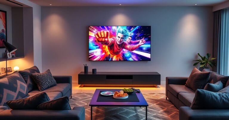 A sleek modern living room featuring a large computer monitor mounted on the wall, seamlessly displaying a colorful, dynamic TV show. Cozy seating surrounds a stylish coffee table, with snacks and a remote control. Warm ambient lighting creates an inviting atmosphere, blending technology and comfort, showcasing a lifestyle where a monitor serves as an entertainment hub.
