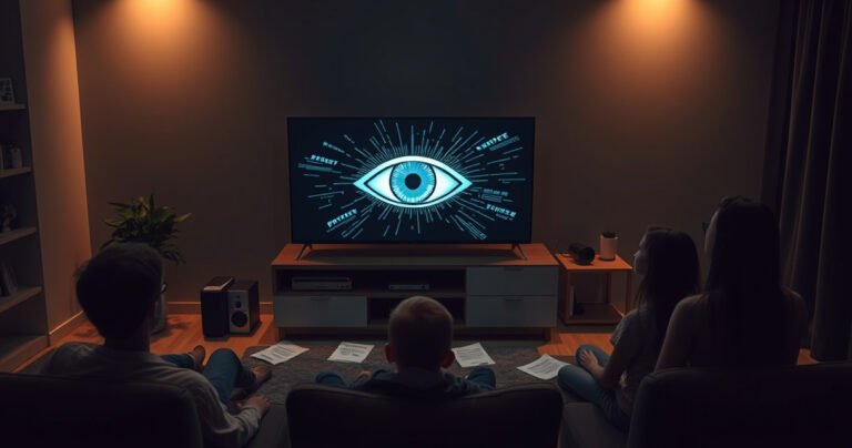 A sleek, modern smart TV sits in a dimly lit living room, its screen glowing ominously with a digital eye graphic, surrounded by shadowy figures representing surveillance. Papers with privacy warnings lay scattered nearby, and a family watches intently, unaware, as data streams visually swirl around the room, highlighting the tension between technology and privacy.