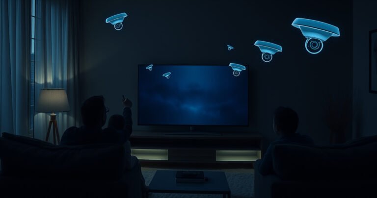 A dimly lit living room featuring a sleek Smart TV with an ominous, glowing screen. Shadows of a family watching intently, unaware of tiny cameras embedded in the TV. Subtle reflections of surveillance symbols and digital eyes hover in the air, creating an unsettling atmosphere. A sense of privacy invasion looms, contrasting warmth and technology.