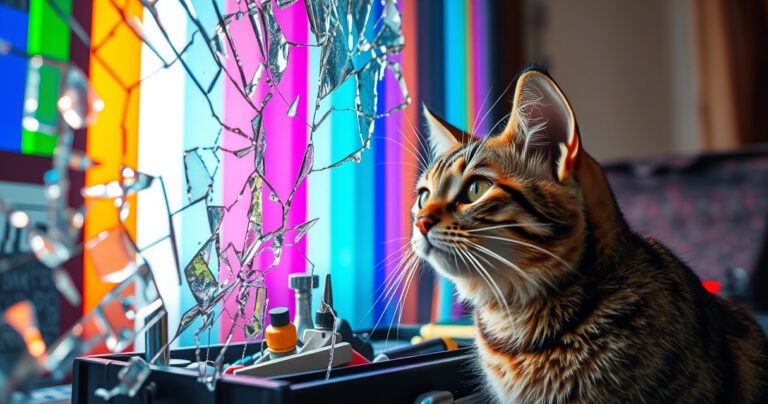 A close-up of a shattered TV screen, glass shards glinting in the light, colorful static patterns flickering through the cracks. In the background, a toolbox brimming with repair tools lies open, while a curious cat peers at the screen, adding an element of intrigue and whimsy to the scene.