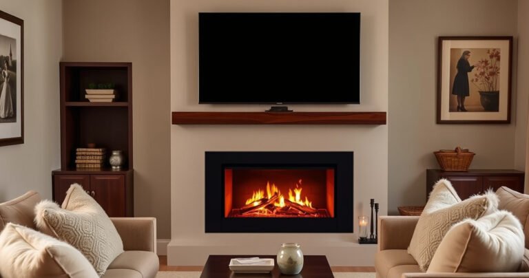 A cozy living room with a modern fireplace, a sleek flat-screen TV elegantly mounted above it, surrounded by warm, inviting decor. Flickering flames cast a soft glow, highlighting plush furniture and tasteful wall art, while a few decorative items sit charmingly on the mantel, creating a perfect blend of style and comfort.