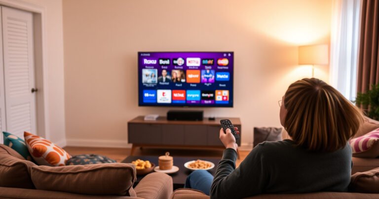 A cozy living room with a modern TV displaying a Roku interface, vibrant icons showcasing various channels, a comfortable couch with colorful cushions, a coffee table with snacks, warm lighting creating an inviting atmosphere, and a curious person, remote in hand, eagerly exploring their options for streaming entertainment.