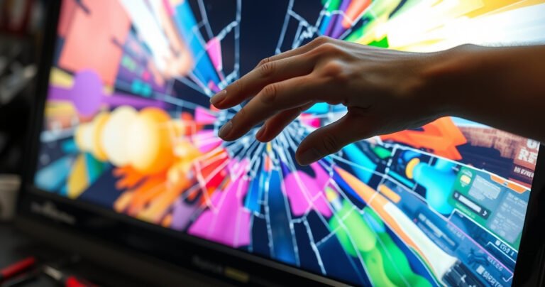 A close-up of a cracked TV screen displaying colorful abstract patterns, with tools like a screwdriver and adhesive nearby. Soft light casts shadows on the surface, hinting at a repair workshop ambiance. A concerned hand hovers over the screen, symbolizing the dilemma between fixing and replacing technology.