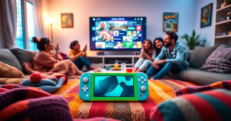 A vibrant living room scene featuring a Nintendo Switch Lite on a colorful coffee table, surrounded by cozy blankets and snacks. In the background, a large TV displays a gaming interface, with friends joyfully gathered around, immersed in the experience. Bright, playful lighting accentuates the excitement and camaraderie of gaming together.