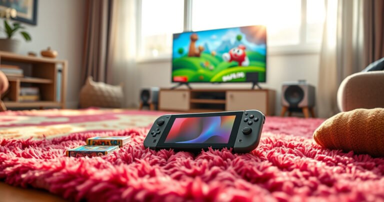 A cozy living room scene featuring a Nintendo Switch Lite resting on a plush, colorful rug, surrounded by vibrant game cartridges and a glowing TV screen displaying a playful gaming landscape, soft afternoon light streaming through a window, inviting a sense of fun and exploration in the heart of home entertainment.