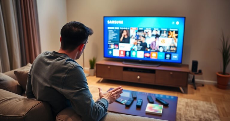 A frustrated person sitting on a modern couch, staring at a vibrant Samsung Smart TV screen displaying a cluttered app interface. The room is cozy, with soft lighting, a coffee table scattered with remote controls, and a faint reflection of the TV glow on their concerned face, embodying the struggle of digital frustration.